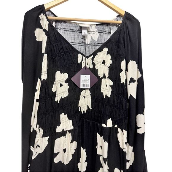 Ava & Viv Women's V-Neck Long Balloon Sleeve Smocked Black Floral Dress Sz 1xl - Picture 9 of 9